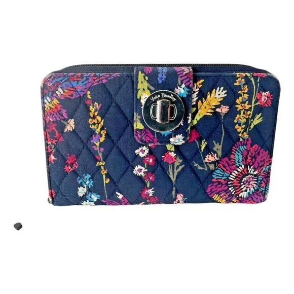 Vera Bradley RFID Turn Lock Wallet MIDNIGHT WILDFLOWER Quilted Pocket Zip-Around - Picture 3 of 8